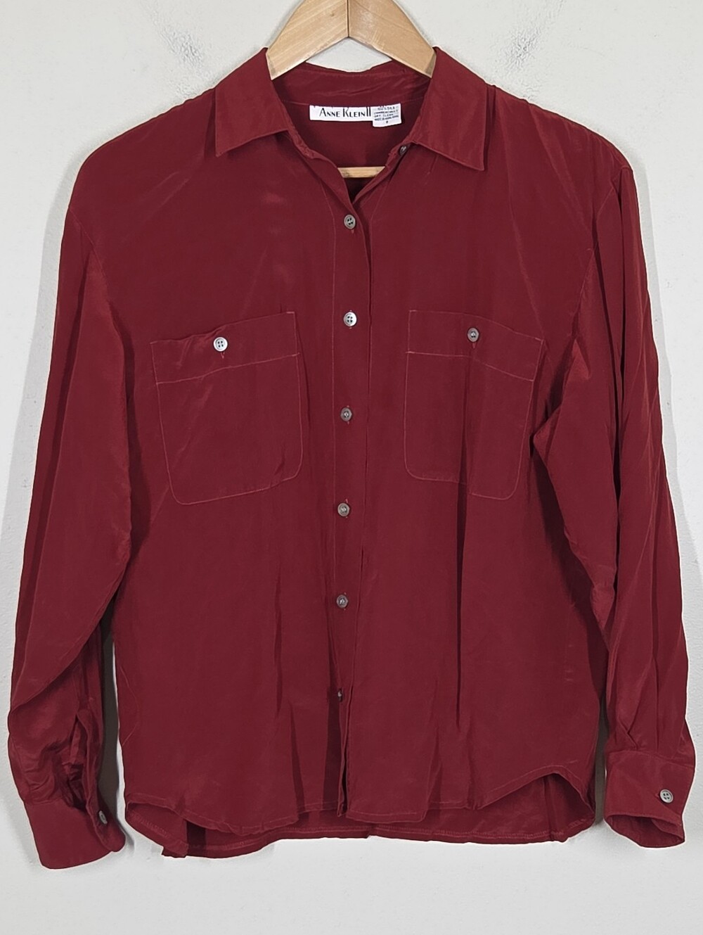 Vtg 80s 90s Anne Klein Red 100% Silk Button Up 8 Minimalist Capsule Academia